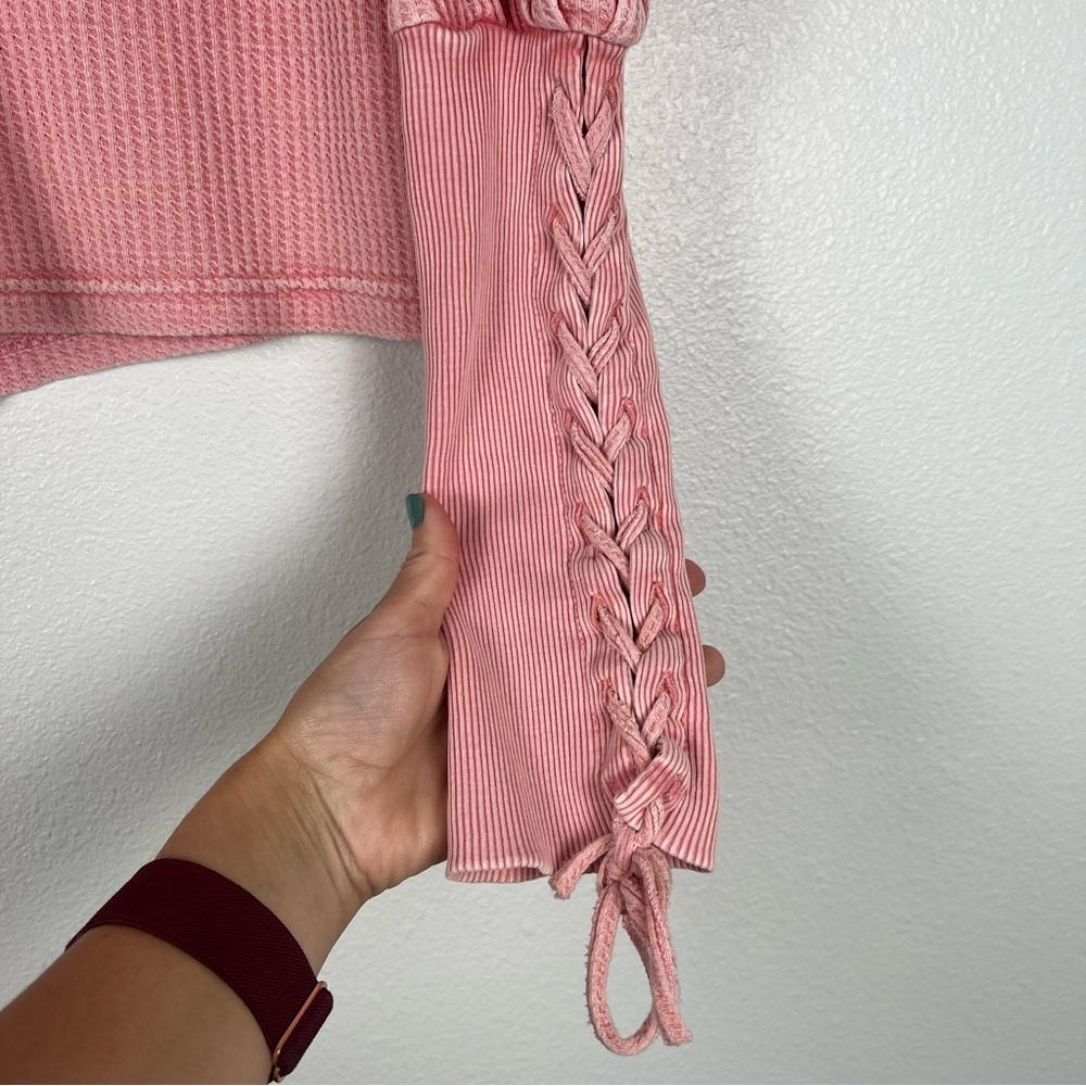 Free People FP One Tasha Puff Sleeve Thermal Top Pink Lace Up XS - Picture 5 of 8